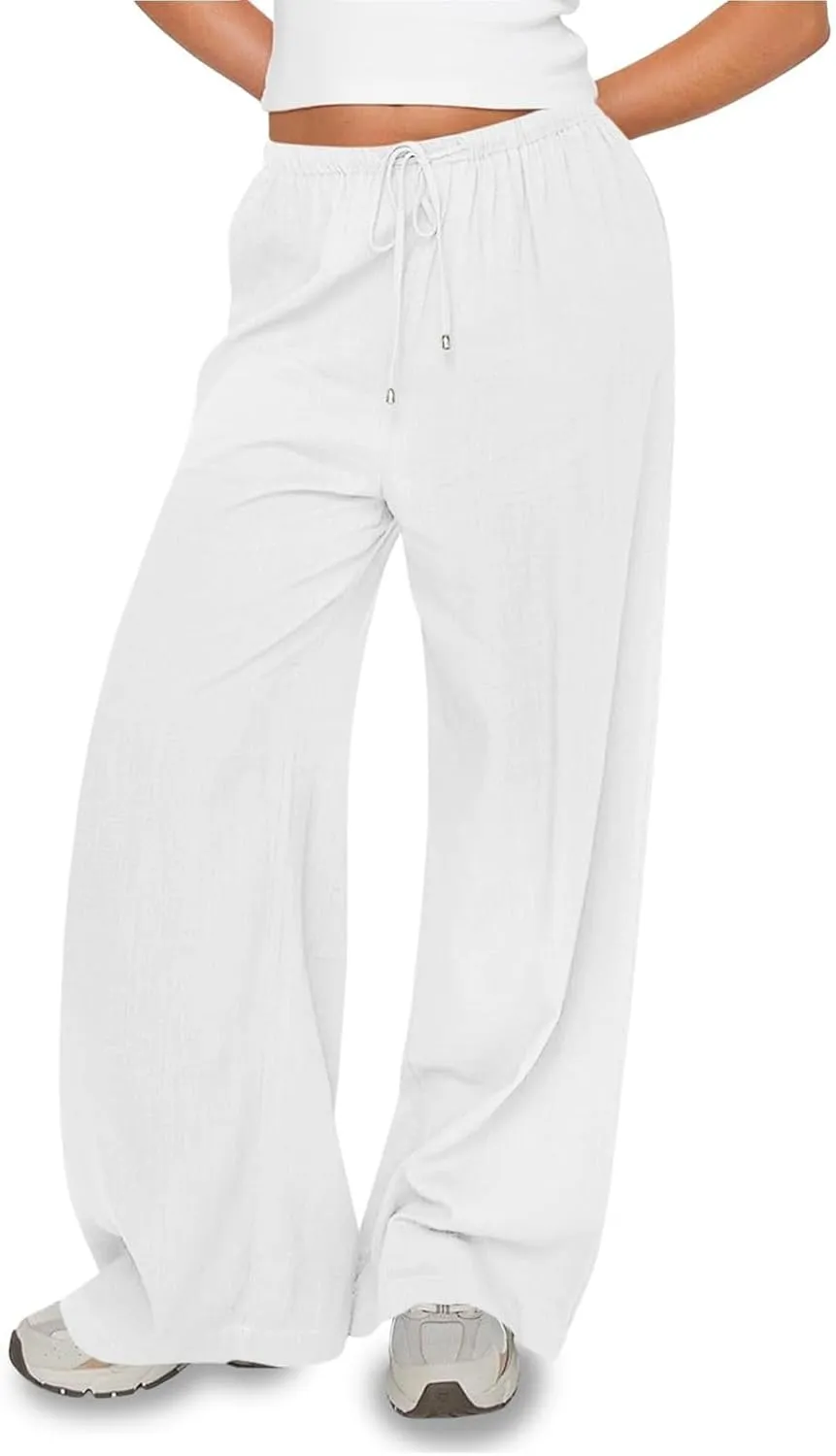Wide Leg Palazzo Pants for Women Drawstring High Waisted Linen Pants 2025 Trendy Baggy Lounge Long Trousers w/Pockets