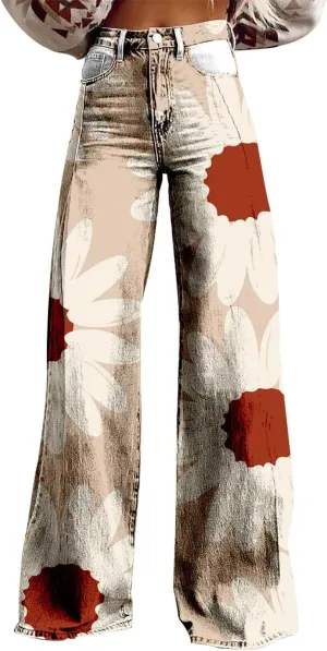 Wide Leg Pants for Women Fashion Casual Floral Print High Waist Buttoned Loose Flared Trouser Fall Vintage Work Pants