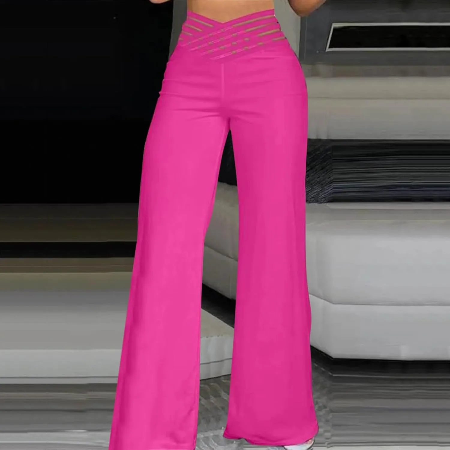 Wide Leg Pants for Women Hollow Belt High Waist Solid Color Loose Flowy Long Trousers Going Out Beach Vacation Pants