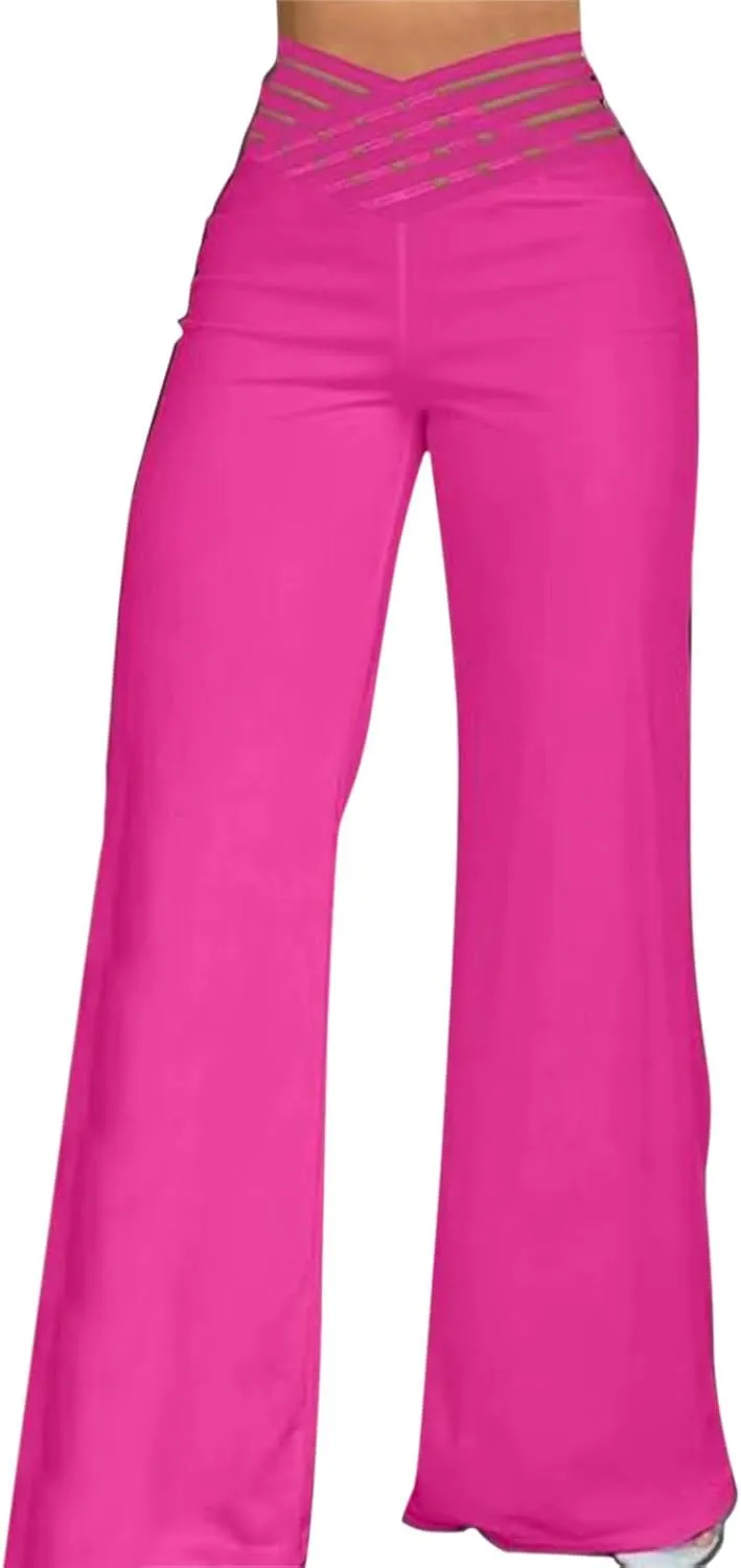 Wide Leg Pants for Women Hollow Belt High Waist Solid Color Loose Flowy Long Trousers Going Out Beach Vacation Pants