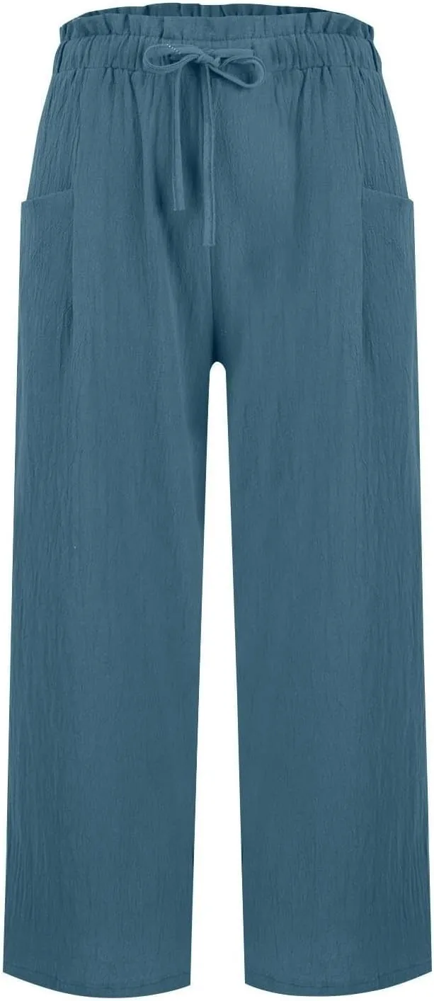 Wide Leg Pants for Women Linen Cotton Lightweight Palazzo Pant High Waisted Casual Loose Comfy Summer Beach Trousers