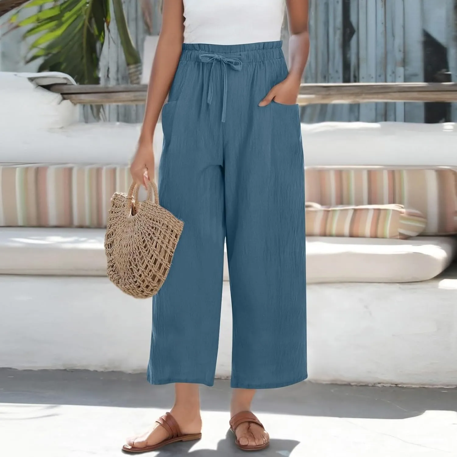 Wide Leg Pants for Women Linen Cotton Lightweight Palazzo Pant High Waisted Casual Loose Comfy Summer Beach Trousers