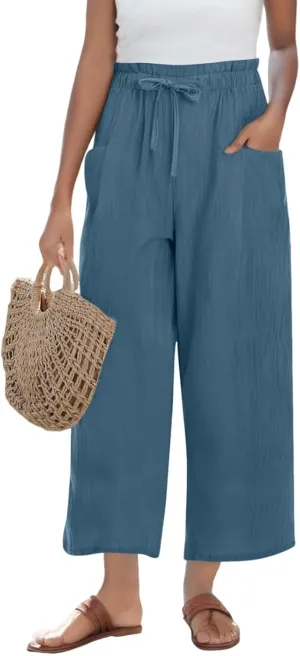 Wide Leg Pants for Women Linen Cotton Lightweight Palazzo Pant High Waisted Casual Loose Comfy Summer Beach Trousers