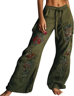 Wide Leg Pants Woman Summer Boho Palazzo Capri for Women Linen Floral Ethnic Printed Vintage Baggy Beach Trousers