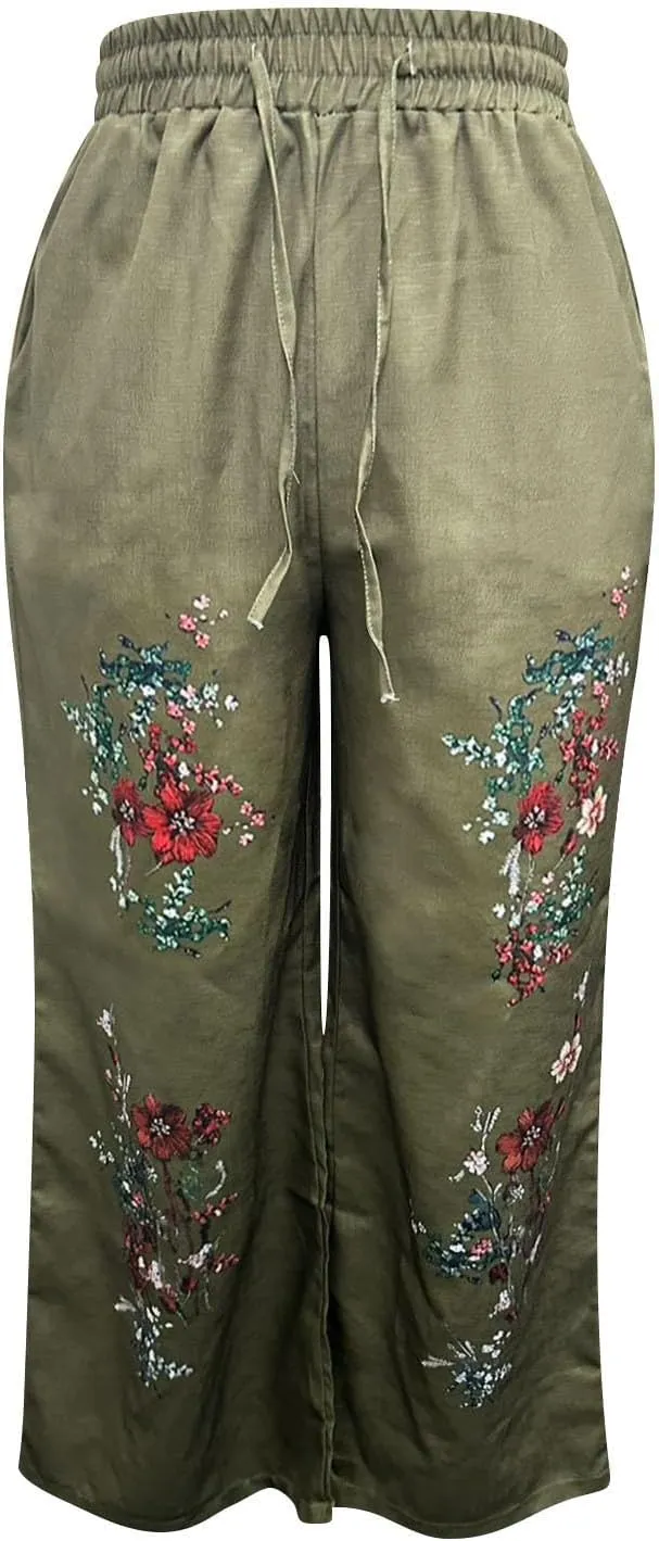 Wide Leg Pants Woman Summer Boho Palazzo Capri for Women Linen Floral Ethnic Printed Vintage Baggy Beach Trousers