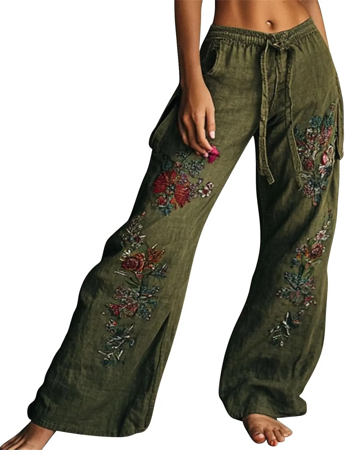 Wide Leg Pants Woman Summer Boho Palazzo Capri for Women Linen Floral Ethnic Printed Vintage Baggy Beach Trousers