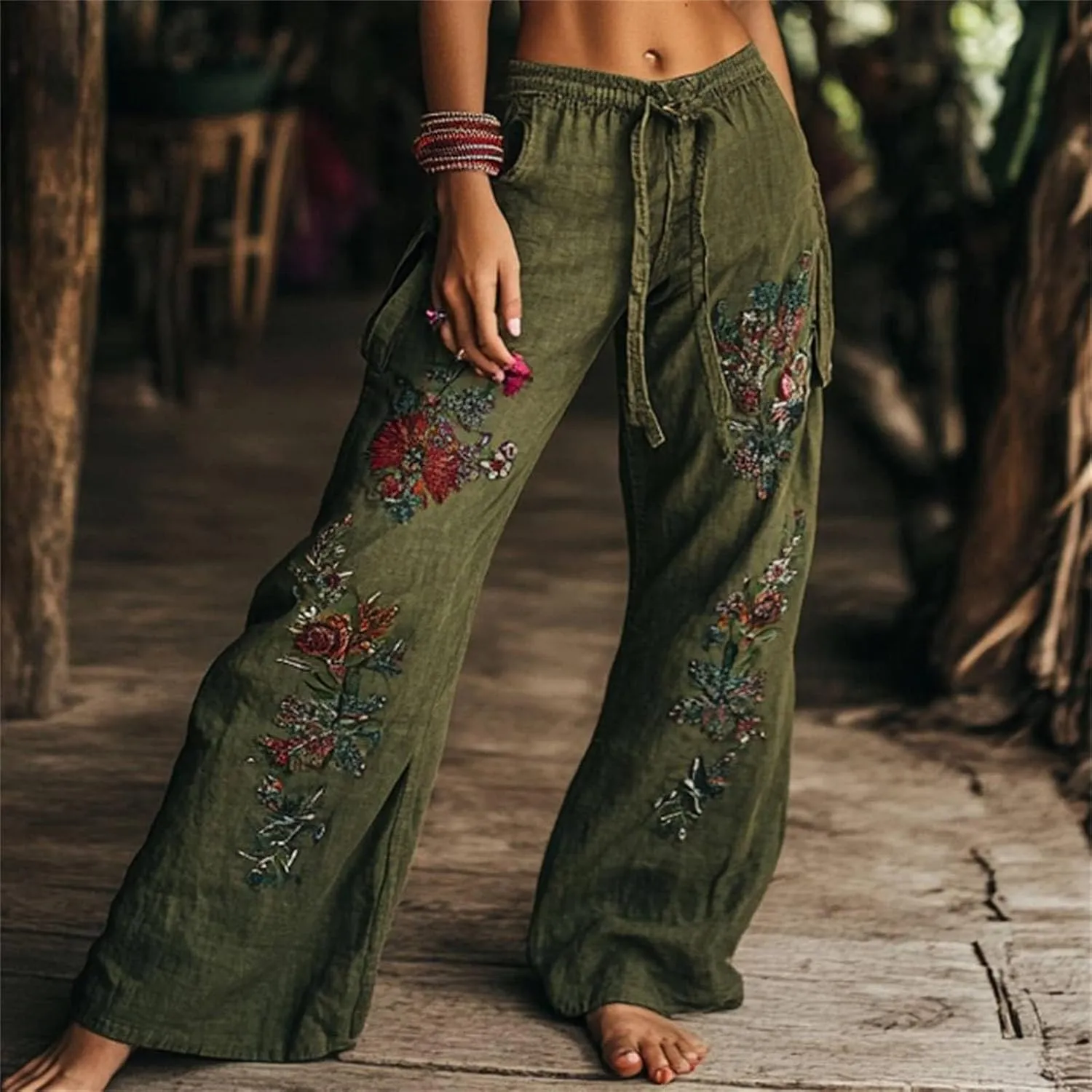 Wide Leg Pants Woman Summer Boho Palazzo Capri for Women Linen Floral Ethnic Printed Vintage Baggy Beach Trousers