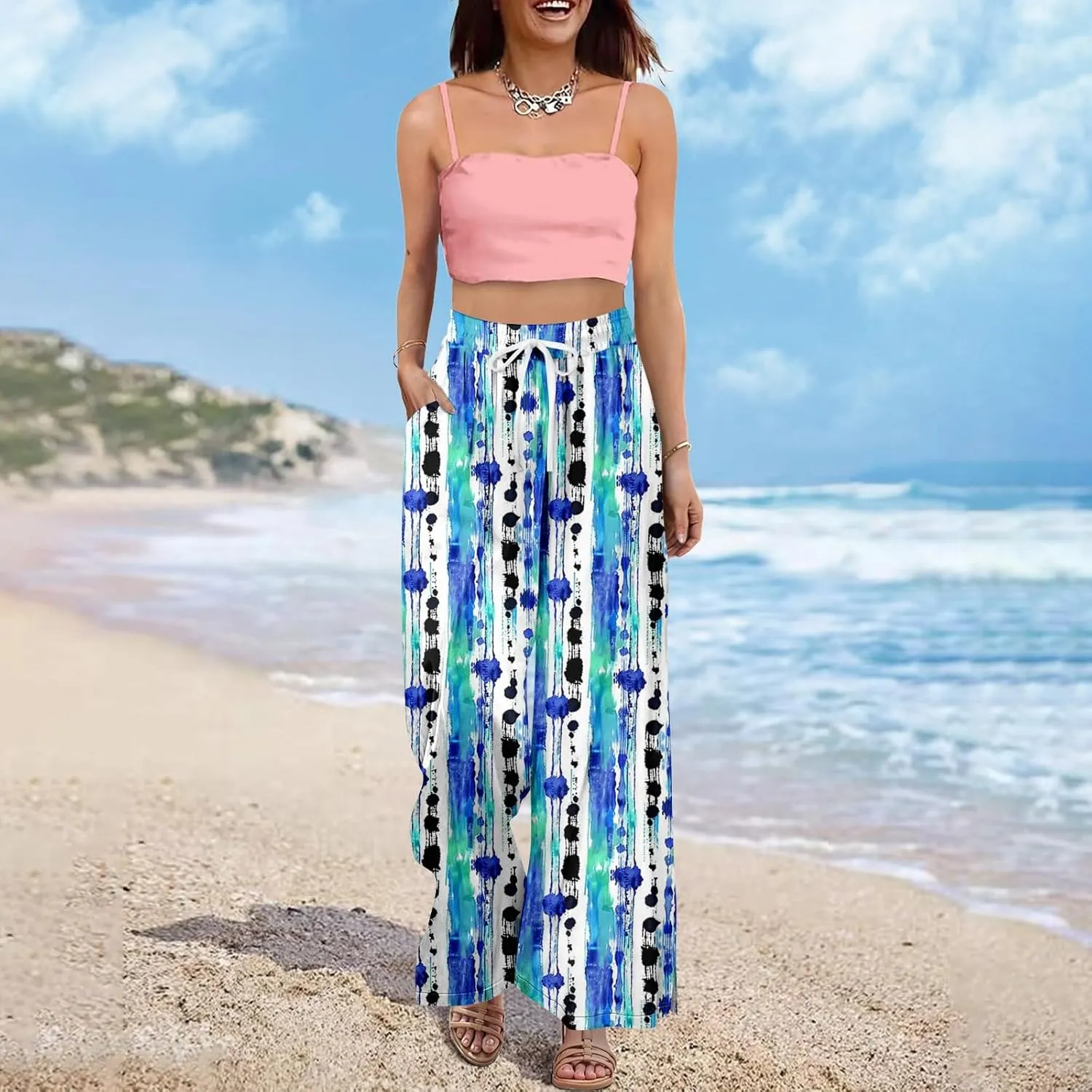 Wide Leg Pants Women 2025 Summer Floral Print Boho Palazzo Pants High Waist Lounge Trousers with Pockets
