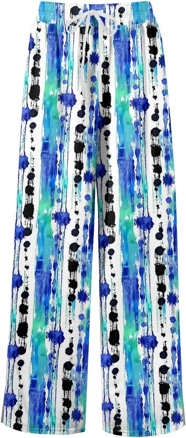 Wide Leg Pants Women 2025 Summer Floral Print Boho Palazzo Pants High Waist Lounge Trousers with Pockets