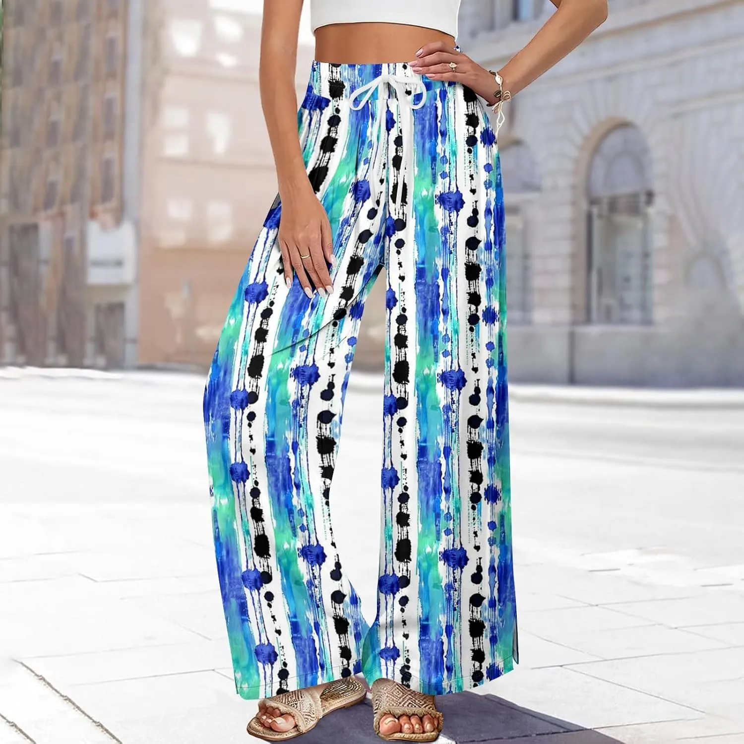 Wide Leg Pants Women 2025 Summer Floral Print Boho Palazzo Pants High Waist Lounge Trousers with Pockets