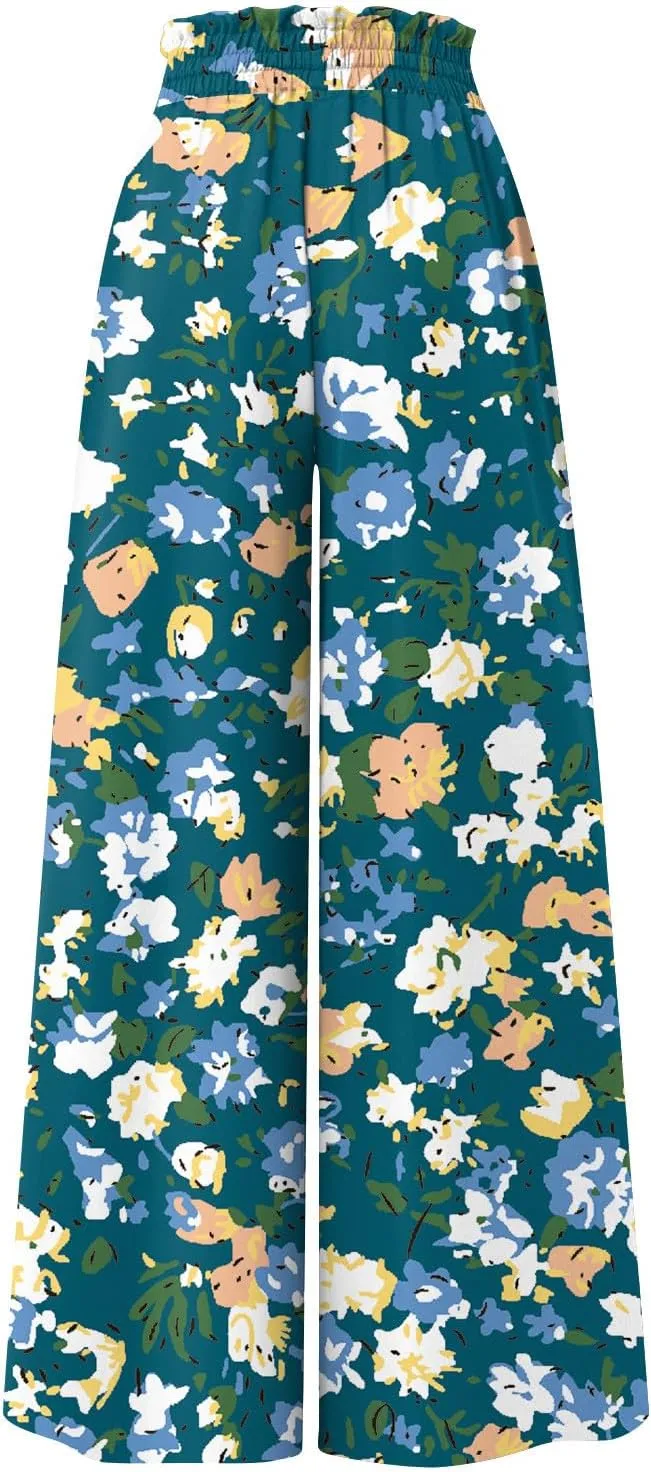 Wide Leg Slacks for Women,Summer Boho Beach Palazzo Pants Floral Print Casual Flowy Loose Lounge Trouser with Pocket
