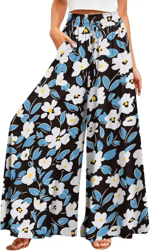 Wide Leg Slacks for Women,Summer Boho Beach Palazzo Pants Floral Print Casual Flowy Loose Lounge Trouser with Pocket
