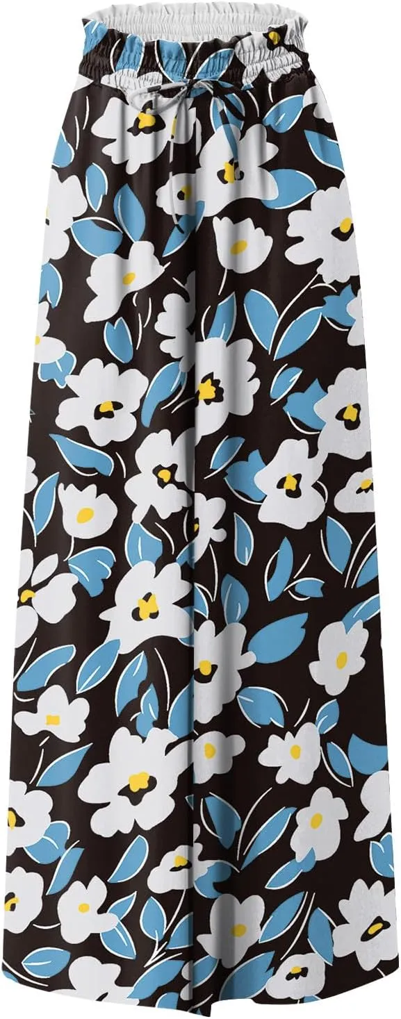 Wide Leg Slacks for Women,Summer Boho Beach Palazzo Pants Floral Print Casual Flowy Loose Lounge Trouser with Pocket