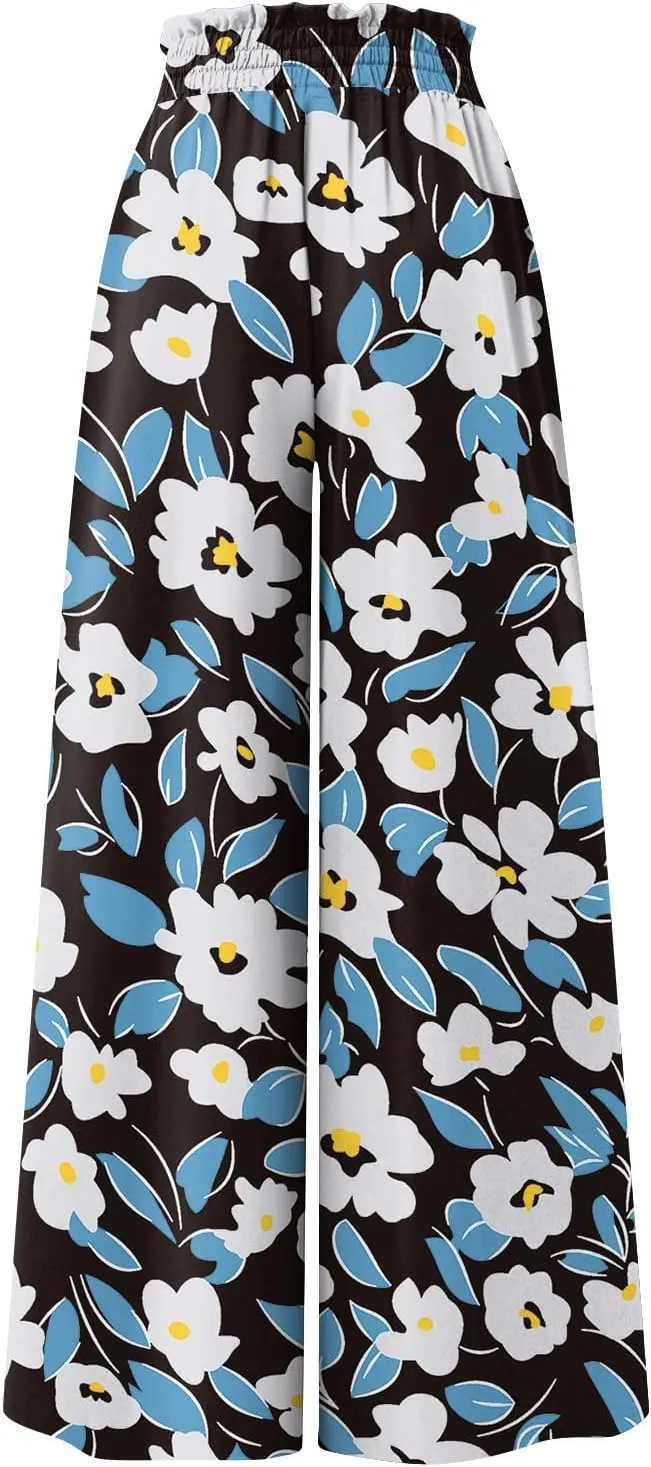 Wide Leg Slacks for Women,Summer Boho Beach Palazzo Pants Floral Print Casual Flowy Loose Lounge Trouser with Pocket