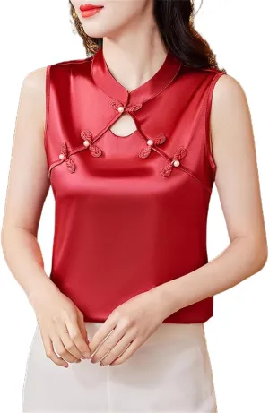 Women Camisole Vest Korean Fashion Silk Satin Tank Tops Sleeveless Hollow Out Shirt