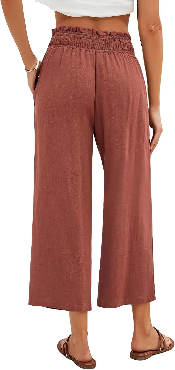 Women Capri Pants High Waisted Wide Leg Linen Palazzo Trousers Casual Loose Flowy Smock Waist Pants with Pockets