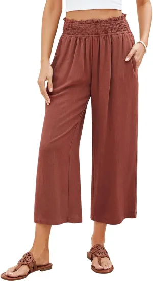 Women Capri Pants High Waisted Wide Leg Linen Palazzo Trousers Casual Loose Flowy Smock Waist Pants with Pockets