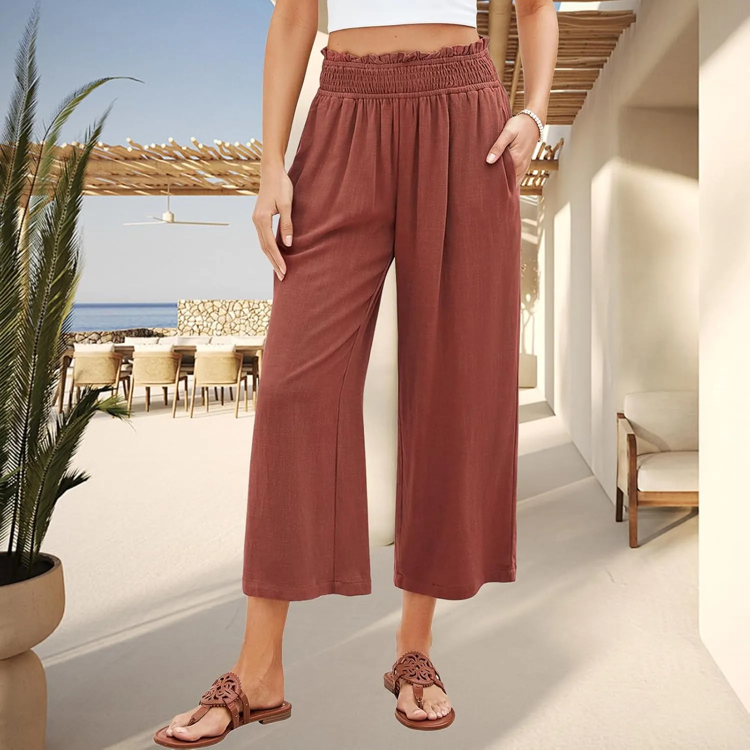 Women Capri Pants High Waisted Wide Leg Linen Palazzo Trousers Casual Loose Flowy Smock Waist Pants with Pockets