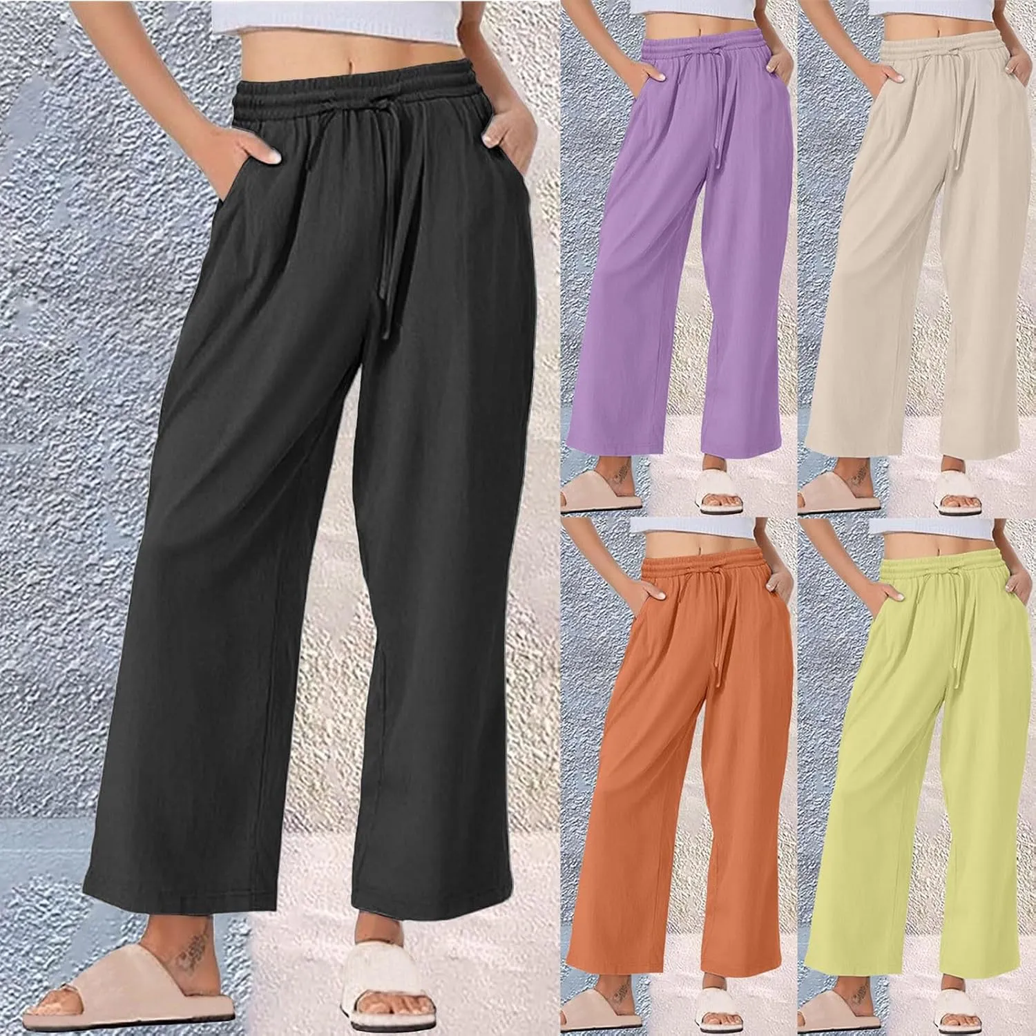 Women Casual Cotton Linen Pants Summer Drawstring Elastic Waist Solid Plus Size Lounge Long Jogger Trouser with Pocket