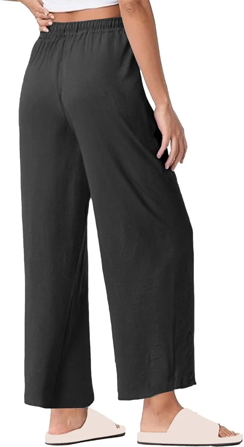Women Casual Cotton Linen Pants Summer Drawstring Elastic Waist Solid Plus Size Lounge Long Jogger Trouser with Pocket