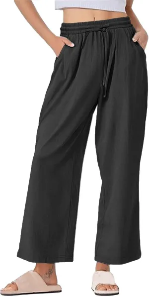 Women Casual Cotton Linen Pants Summer Drawstring Elastic Waist Solid Plus Size Lounge Long Jogger Trouser with Pocket