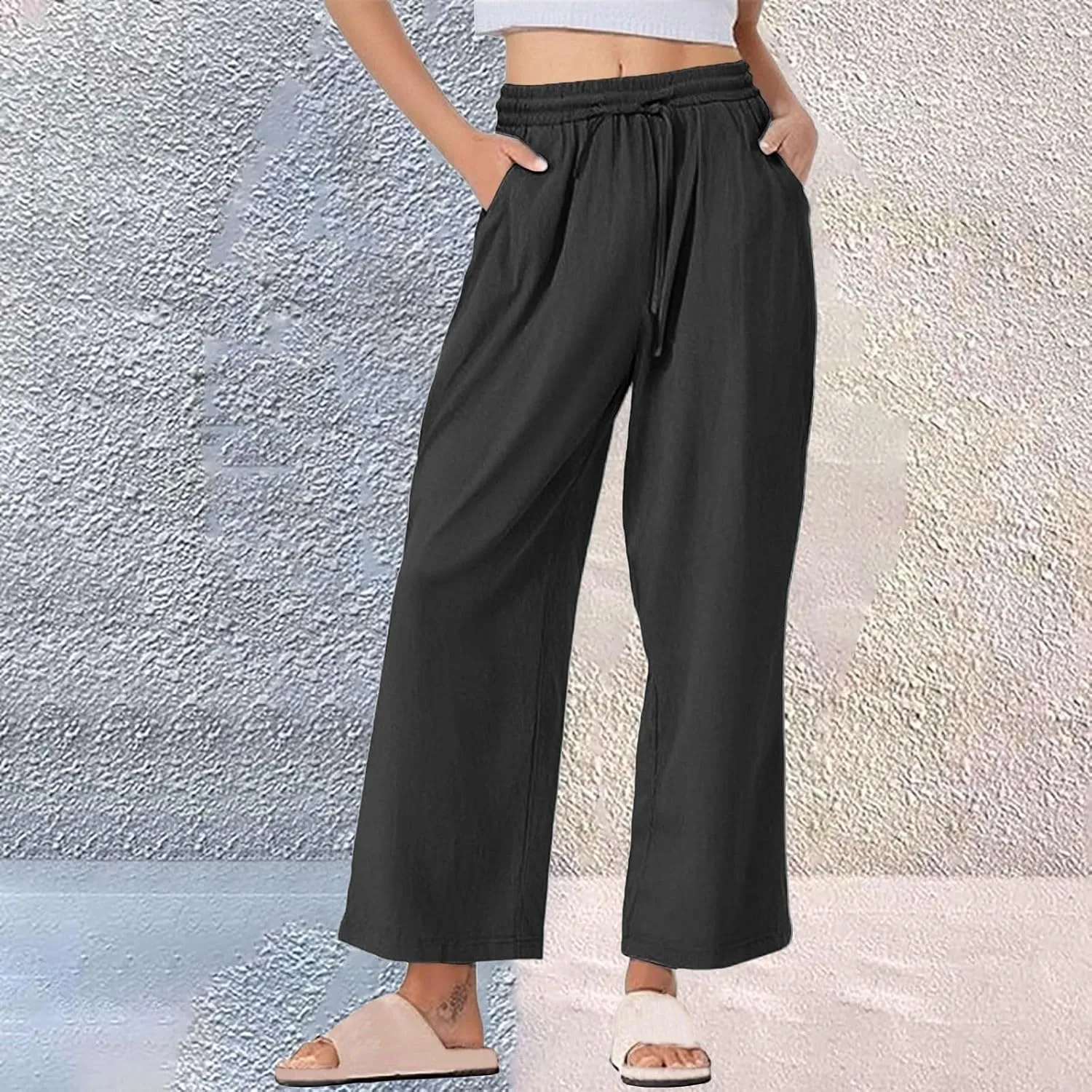 Women Casual Cotton Linen Pants Summer Drawstring Elastic Waist Solid Plus Size Lounge Long Jogger Trouser with Pocket