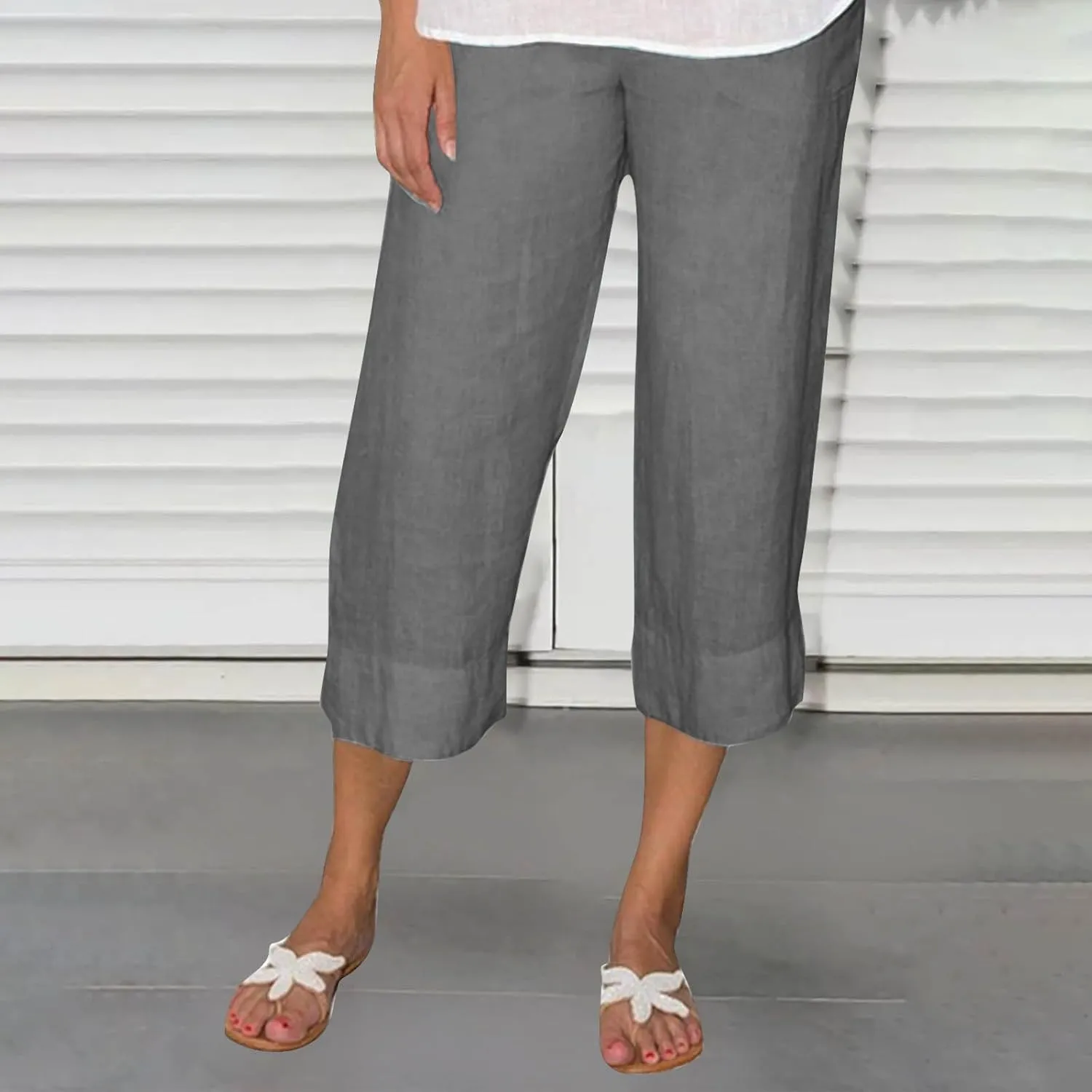 Women Cotton Linen Straight Leg Capri Pants, Lightweight Elastic Waist Summer Casual Trousers Summer Vacation Clothes