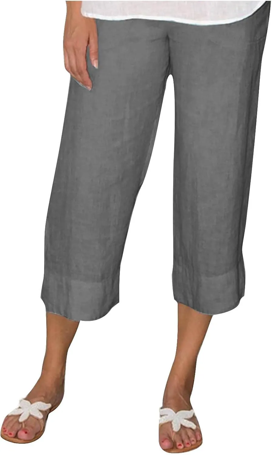 Women Cotton Linen Straight Leg Capri Pants, Lightweight Elastic Waist Summer Casual Trousers Summer Vacation Clothes
