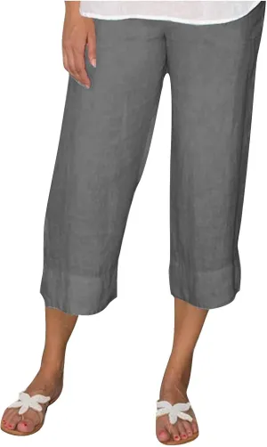 Women Cotton Linen Straight Leg Capri Pants, Lightweight Elastic Waist Summer Casual Trousers Summer Vacation Clothes
