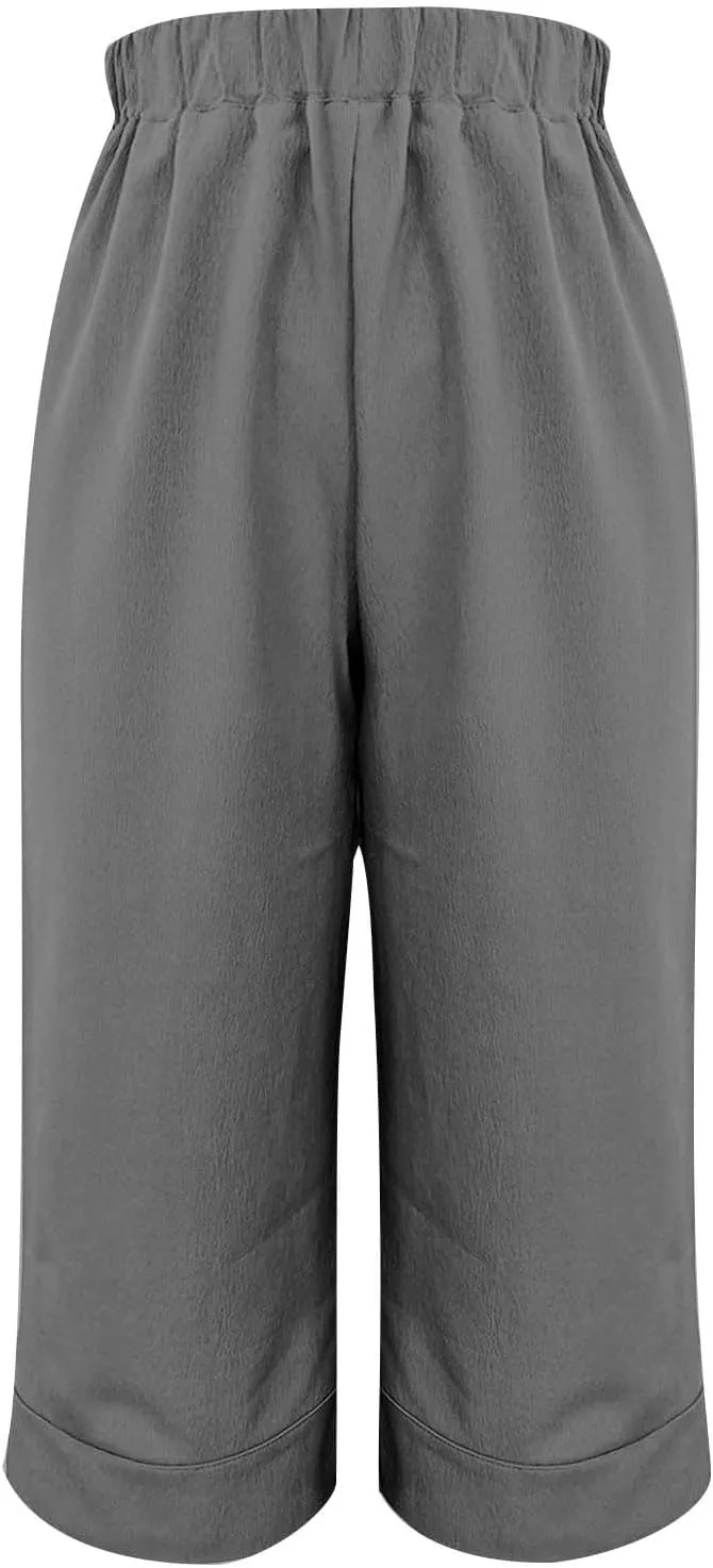 Women Cotton Linen Straight Leg Capri Pants, Lightweight Elastic Waist Summer Casual Trousers Summer Vacation Clothes