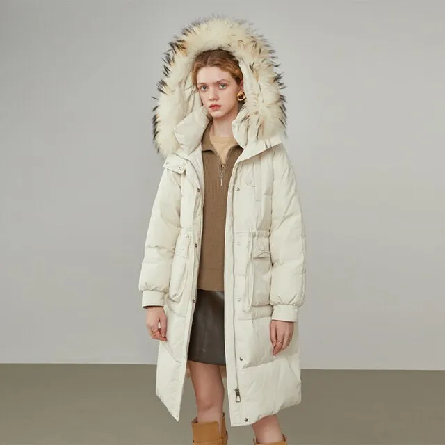 Women Drawstring Waist Three-dimensional Pocket Fur Collar Black Long Down Jacket Winter New Warm Beige Down Jackets
