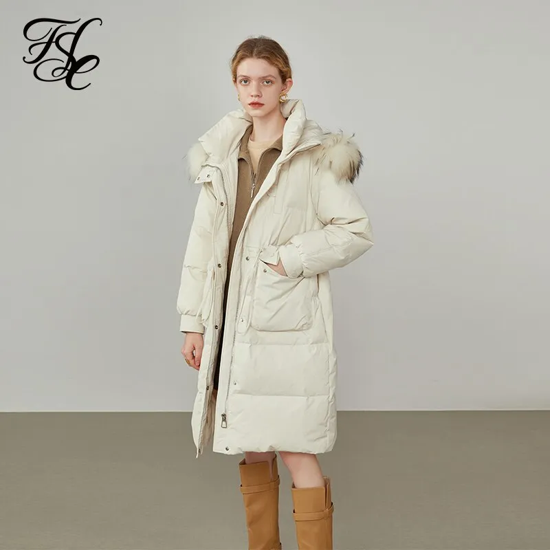 Women Drawstring Waist Three-dimensional Pocket Fur Collar Black Long Down Jacket Winter New Warm Beige Down Jackets