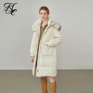 Women Drawstring Waist Three-dimensional Pocket Fur Collar Black Long Down Jacket Winter New Warm Beige Down Jackets