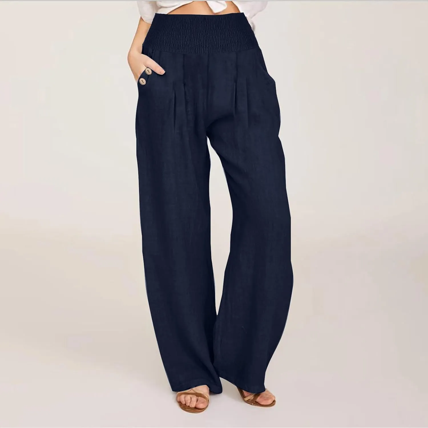 Women Dressy Casual Linen Pants 2025 Elastic Waist Drawstring Pocket Trousers Loose Straight Wide Leg Palazzo Pants