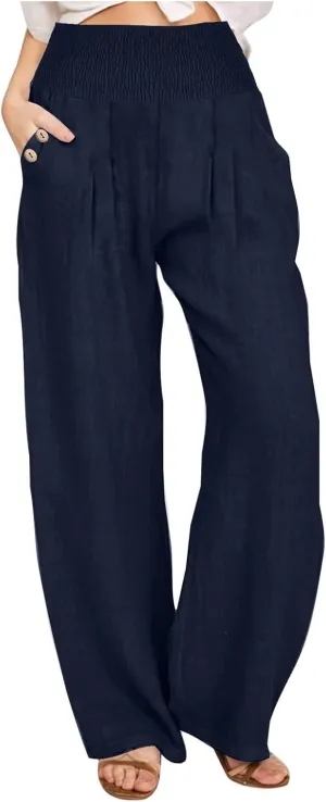 Women Dressy Casual Linen Pants 2025 Elastic Waist Drawstring Pocket Trousers Loose Straight Wide Leg Palazzo Pants