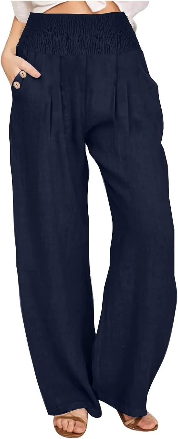 Women Dressy Casual Linen Pants 2025 Elastic Waist Drawstring Pocket Trousers Loose Straight Wide Leg Palazzo Pants