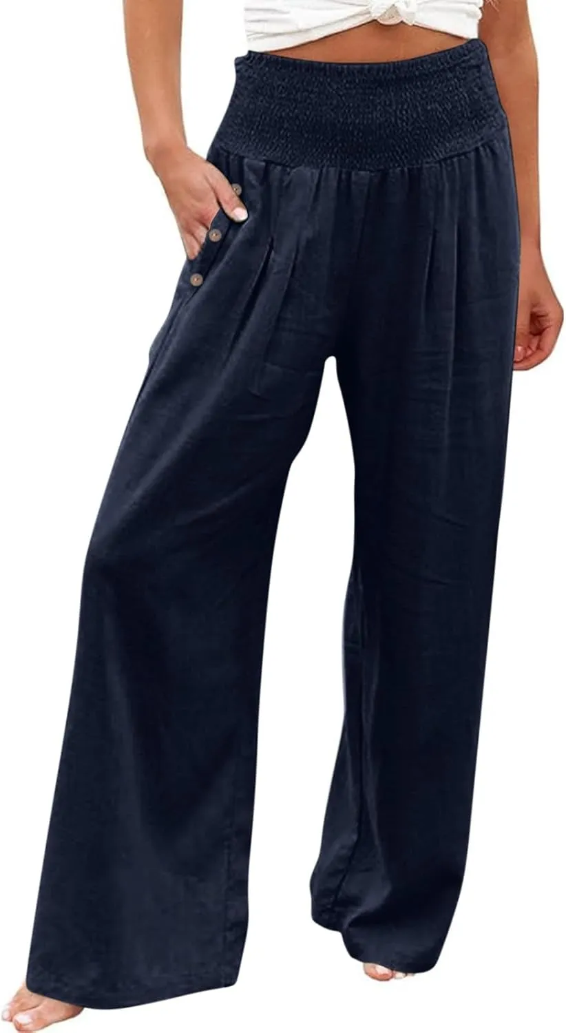 Women Dressy Casual Linen Pants 2025 Elastic Waist Drawstring Pocket Trousers Loose Straight Wide Leg Palazzo Pants