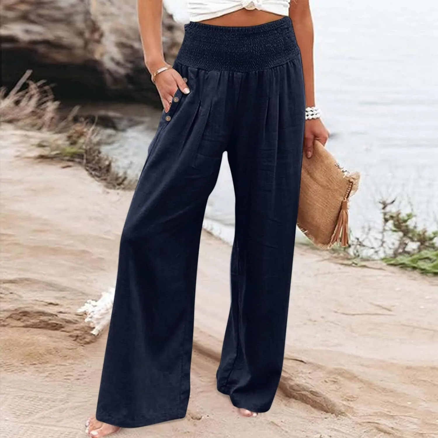 Women Dressy Casual Linen Pants 2025 Elastic Waist Drawstring Pocket Trousers Loose Straight Wide Leg Palazzo Pants