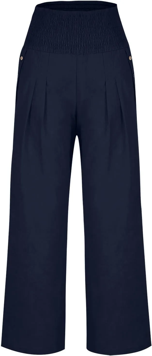 Women Dressy Casual Linen Pants 2025 Elastic Waist Drawstring Pocket Trousers Loose Straight Wide Leg Palazzo Pants