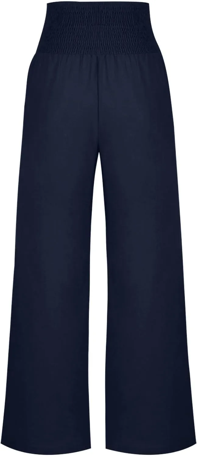 Women Dressy Casual Linen Pants 2025 Elastic Waist Drawstring Pocket Trousers Loose Straight Wide Leg Palazzo Pants