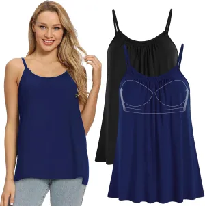 Women Flowy Pleated Camisole with Built in Bra Loose Casual Sleeveless Tank Tops