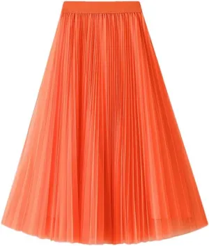 Women High Waisted Elegant Tulle Pleated Skirts Summer Casual Mesh A Line Holiday Beach Skirt