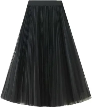 Women High Waisted Elegant Tulle Pleated Skirts Summer Casual Mesh A Line Holiday Beach Skirt
