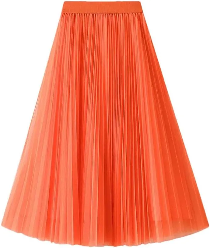 Women High Waisted Elegant Tulle Pleated Skirts Summer Casual Mesh A Line Holiday Beach Skirt