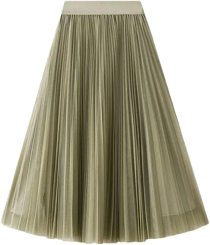 Women High Waisted Elegant Tulle Pleated Skirts Summer Casual Mesh A Line Holiday Beach Skirt