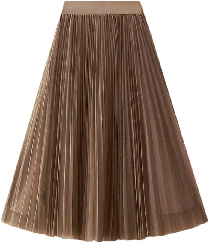 Women High Waisted Elegant Tulle Pleated Skirts Summer Casual Mesh A Line Holiday Beach Skirt