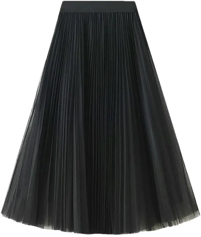 Women High Waisted Elegant Tulle Pleated Skirts Summer Casual Mesh A Line Holiday Beach Skirt