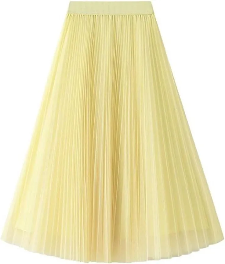 Women High Waisted Elegant Tulle Pleated Skirts Summer Casual Mesh A Line Holiday Beach Skirt