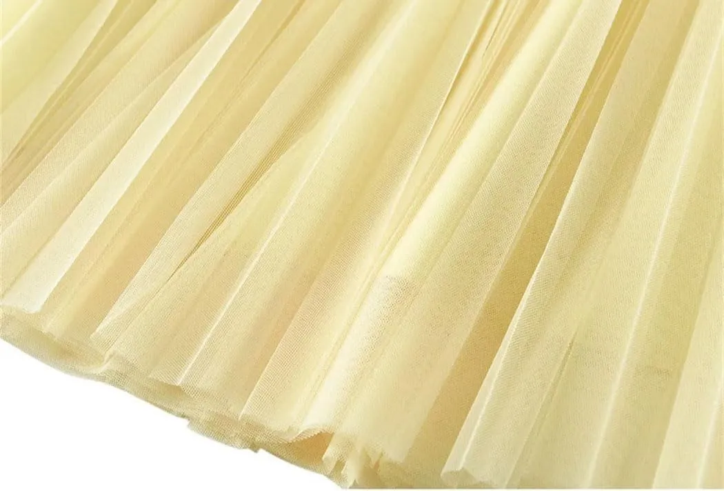 Women High Waisted Elegant Tulle Pleated Skirts Summer Casual Mesh A Line Holiday Beach Skirt