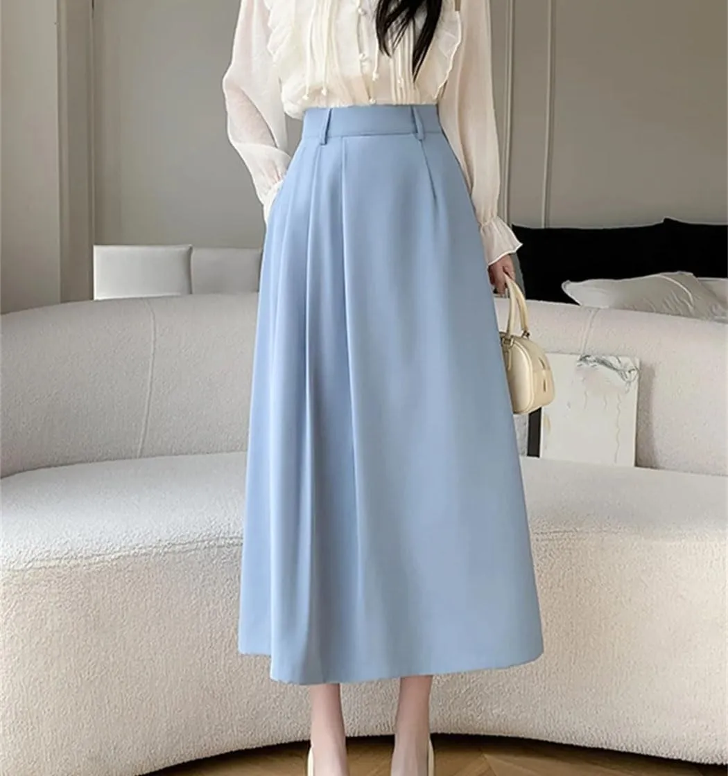 Women Korean Style Elegant Long Skirt Summer Fashion Work Office Big Swing A-Line Midi Skirts